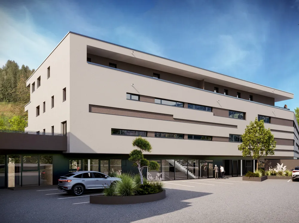 Visualisierung der neuen Firmenzentrale und Wohn- & Gewerbeimmobilie von Pletzer Immobilien in Hopfgarten im Brixental, Bezug Anfang 2026